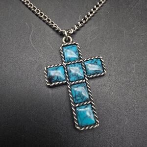 Sancrest Faux Turquoise Cross Pendant Necklace Silver Tone Chain Vintage